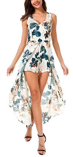 Kormei Womens Sleeveless Scoop Neck Floral Rayon Party Split Maxi Romper Dress M Apricot&Blue - Image 5