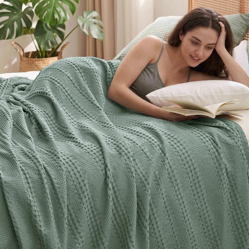 PHF Cooling Breathable Waffle Blanket Twin Size 60% Rayon Derived from Bamboo and 40% Cotton Warm Sleep Soft Lightweight Luxury Blanket for Bed 66"x90" Sage Green - Image 1