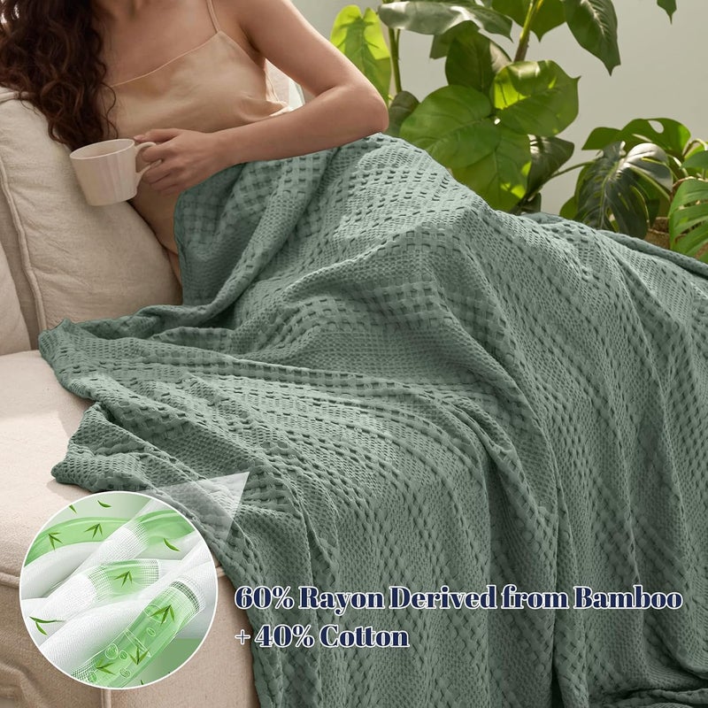 PHF Cooling Breathable Waffle Blanket Twin Size 60% Rayon Derived from Bamboo and 40% Cotton Warm Sleep Soft Lightweight Luxury Blanket for Bed 66"x90" Sage Green - Image 2