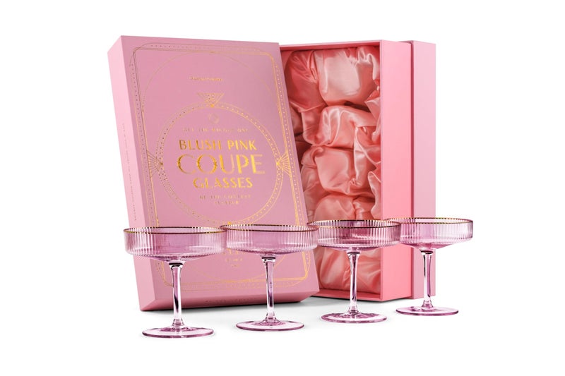 GLASSIQUE CADEAU Vintage Art Deco Blush Pink Coupe Glasses with Gold Rims | Set of 4 | 7 oz Crystal Ribbed Cocktail Glassware for Drinking Champagne, Martini, Cosmopolitan | Girly Speakeasy Saucers - Image 1