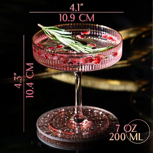 GLASSIQUE CADEAU Vintage Art Deco Blush Pink Coupe Glasses with Gold Rims | Set of 4 | 7 oz Crystal Ribbed Cocktail Glassware for Drinking Champagne, Martini, Cosmopolitan | Girly Speakeasy Saucers - Image 2