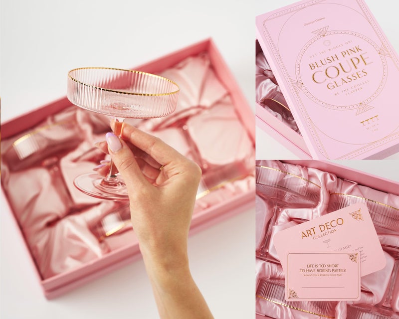 GLASSIQUE CADEAU Vintage Art Deco Blush Pink Coupe Glasses with Gold Rims | Set of 4 | 7 oz Crystal Ribbed Cocktail Glassware for Drinking Champagne, Martini, Cosmopolitan | Girly Speakeasy Saucers - Image 5
