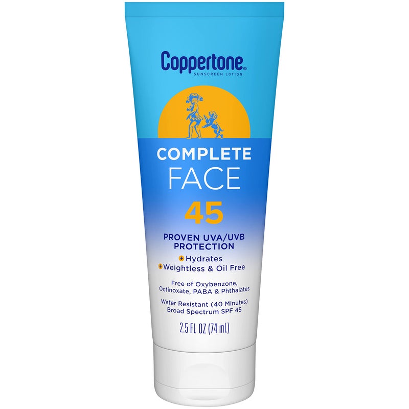 Coppertone Complete Face Sunscreen Lotion SPF 45, Weightless and Oil-Free, Water Resistant Sunscreen with Proven UVA/UVB Protection, 2.5 Fl Oz Tube - Image 1