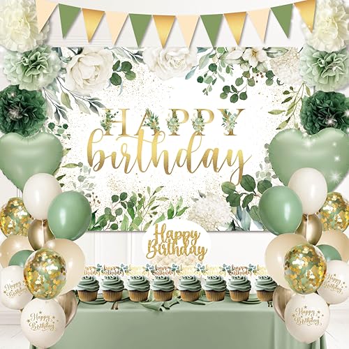 jenlion Happy Birthday Decorations For Women MenBirthday BackdropBanner BalloonsTable ClothPaper pom poms Party Supplies for Girls Boys Sage Green - Image 1
