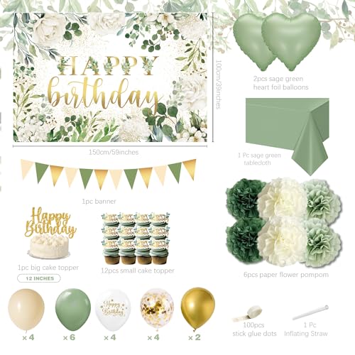 jenlion Happy Birthday Decorations For Women MenBirthday BackdropBanner BalloonsTable ClothPaper pom poms Party Supplies for Girls Boys Sage Green - Image 5