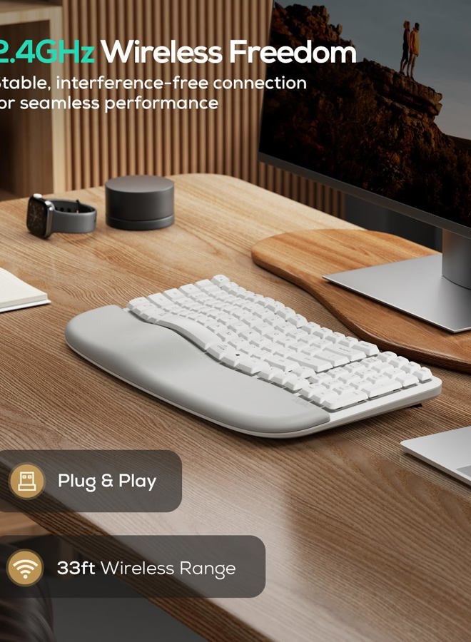 Nulea RT08 Wave Keys Wireless Ergonomic Keyboard with Cushioned Palm Rest, 2.4GHz Ergo Cordless USB Computer Keyboard, Comfortable Natural Typing, for Laptop, Mac, Windows (White) - Image 4