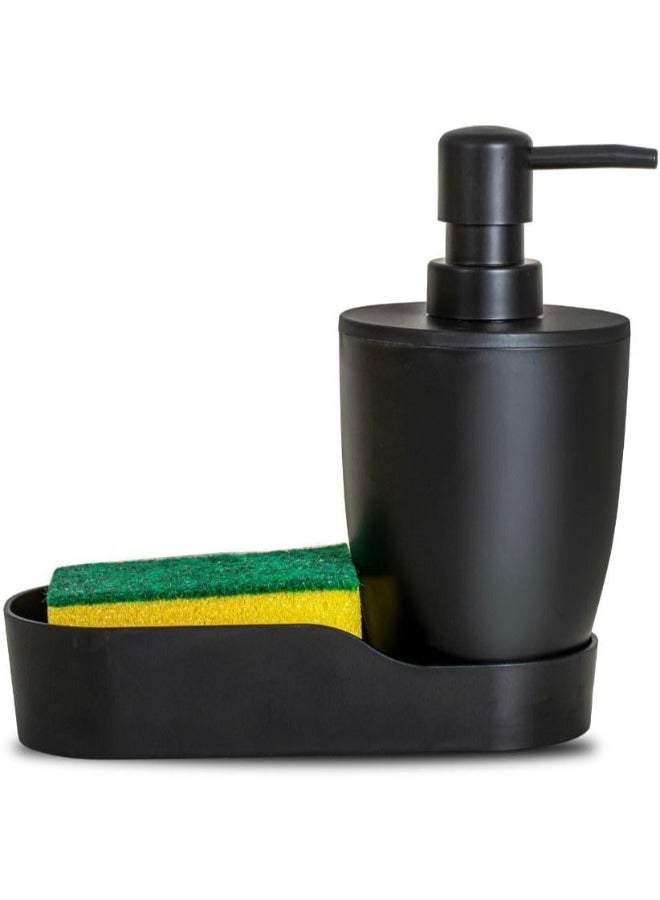 Pure Plastic Soap Dispenser With Stand & Storage Container in Side, Push-Top Pump Dispenser Can Store Soap & Liquid 17x8.5x17 cm-Black
