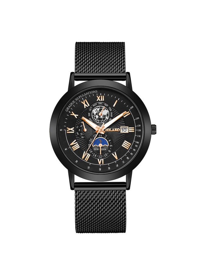Moon Phase Three-Eye Calendar Men’s Watch with Mesh Band