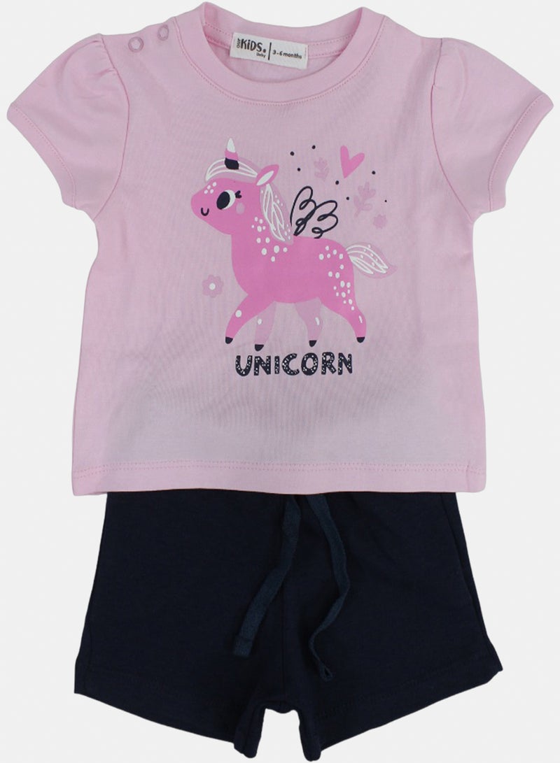 Baby Girls Cotton Outfit Set – Pink with Unicorn Print