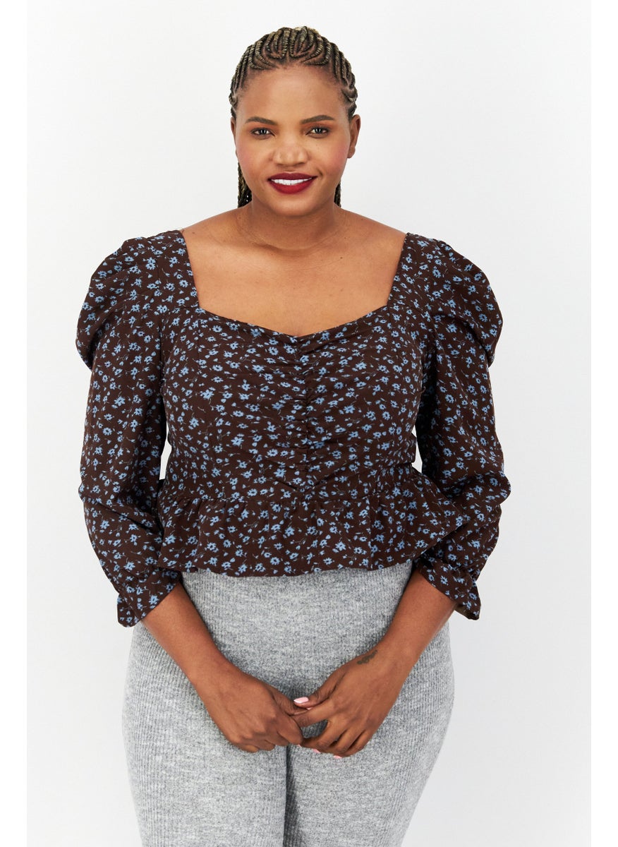 Missguided - Women Diamond Neck Puff Sleeve Floral Blouse, Brown - Image 1