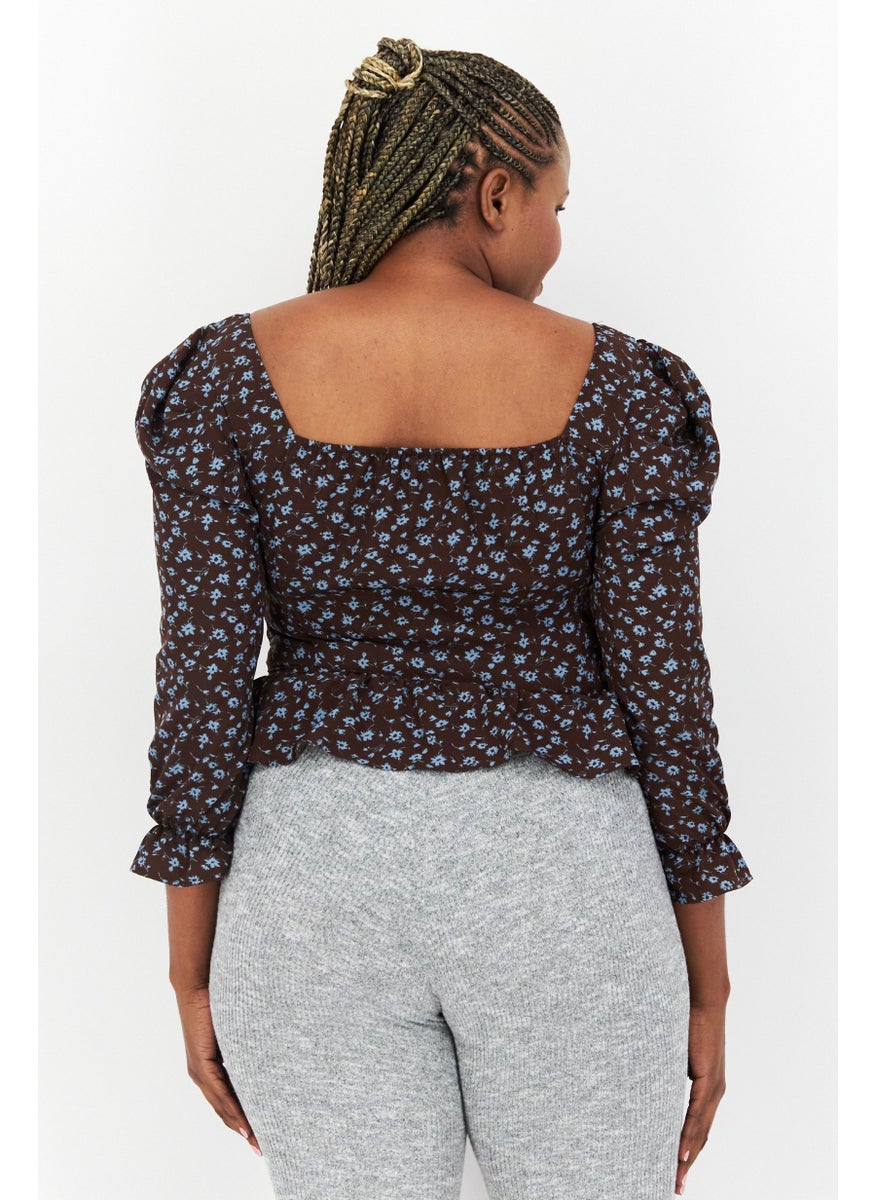 Missguided - Women Diamond Neck Puff Sleeve Floral Blouse, Brown - Image 1
