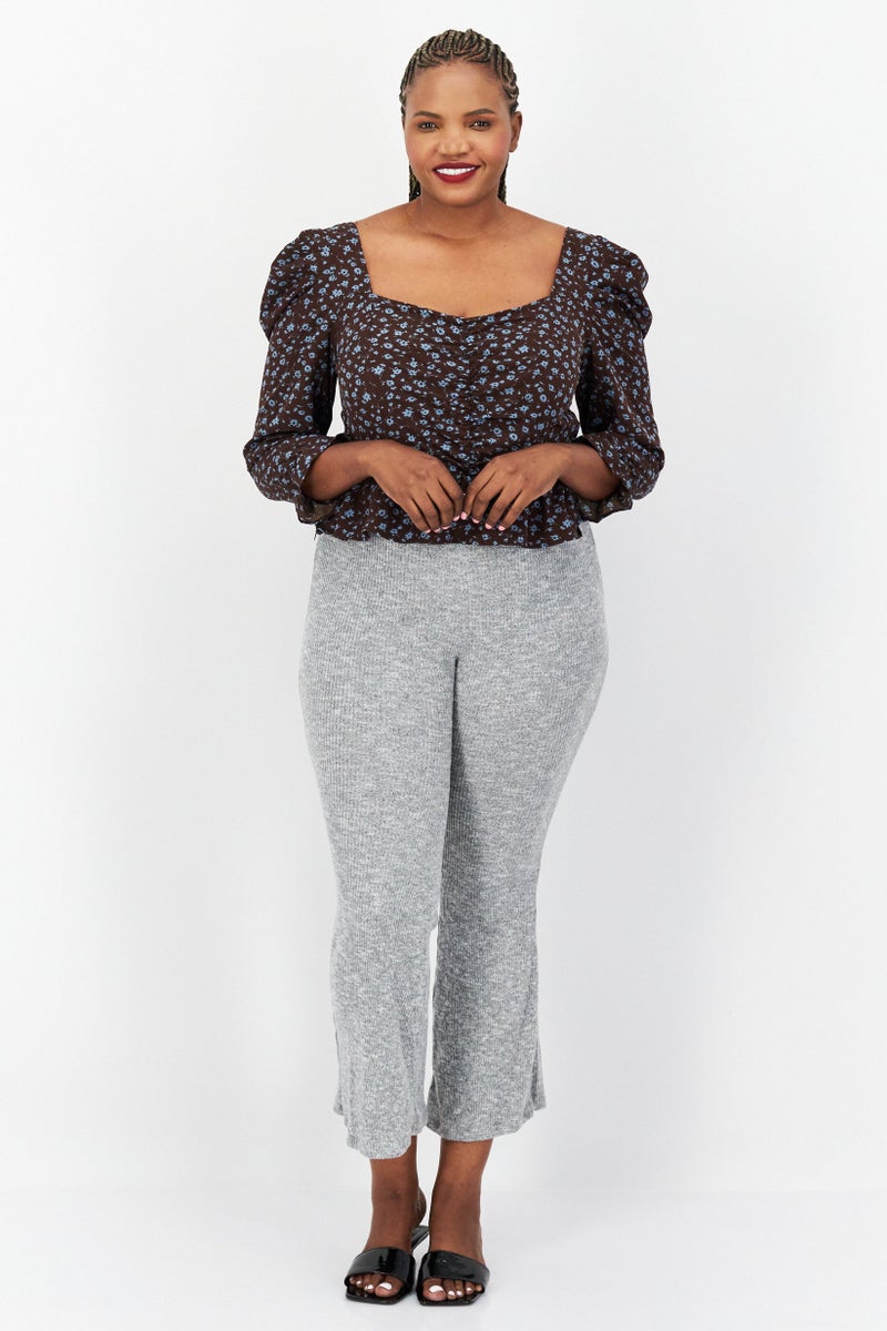 Missguided Women Diamond Neck Puff Sleeve Floral Blouse, Brown - Image 2