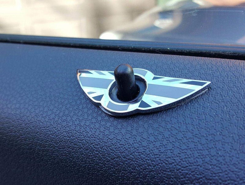 iJDMTOY (2) Union Jack Style Wing Emblem Rings Compatible with MINI Cooper R55 R56 R57 R58 R59 Door Lock Knobs, Black/Grey UK Flag Design (Does not fit R60 R61 nor F55 F56 Models) - Image 2