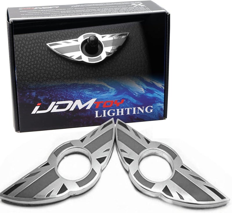 iJDMTOY (2) Union Jack Style Wing Emblem Rings Compatible with MINI Cooper R55 R56 R57 R58 R59 Door Lock Knobs, Black/Grey UK Flag Design (Does not fit R60 R61 nor F55 F56 Models) - Image 1