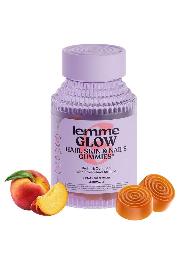 Lemme Glow Collagen Gummies for Thick Hair, Strong Nails & Healthy Skin with Multi-Collagen Peptides, Biotin, Trace Minerals, Zinc, Vitamins A, C & E, Dairy & Gluten Free, Peach Flavor, 60 ct. - Image 1