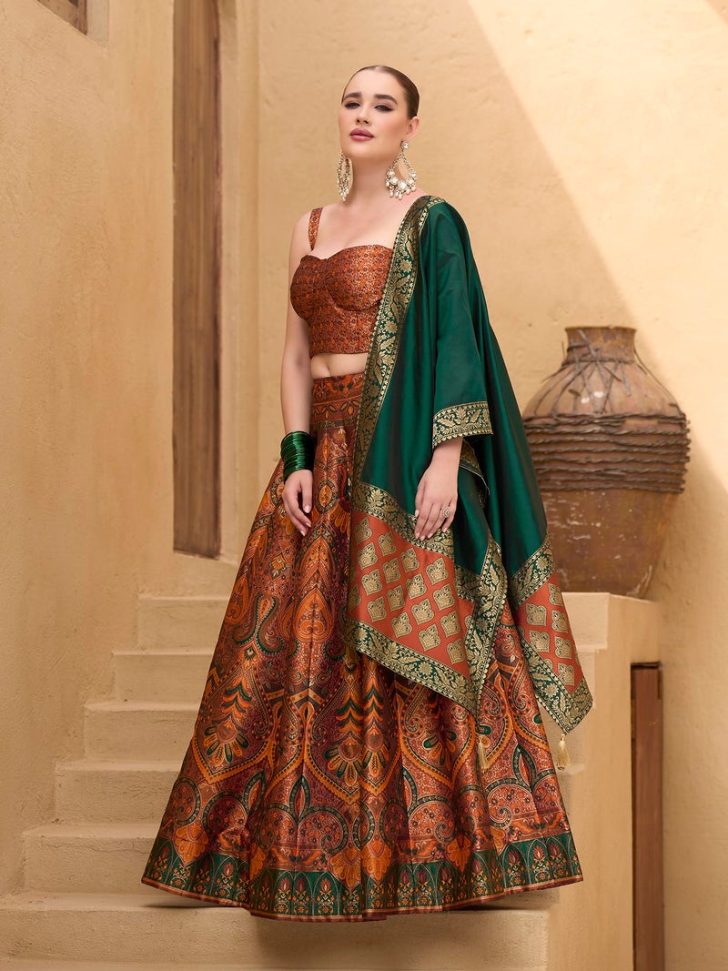 PURVAJA Women's Kanjiwaram Semi-Stitched Lehenga choli (Lazya-Rust_Free Size) - Image 2
