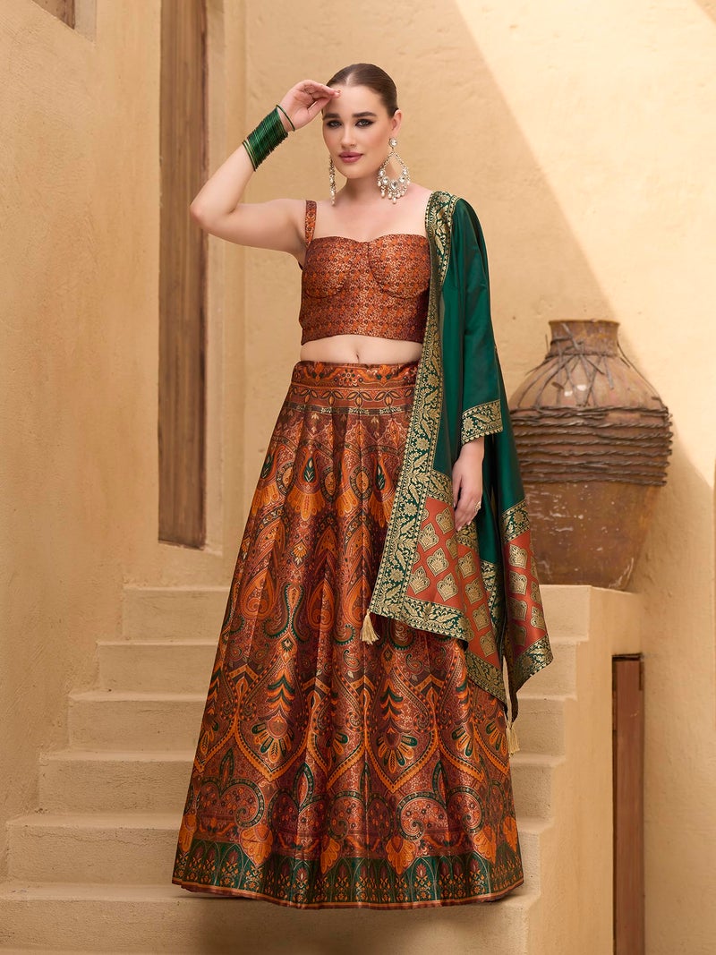 PURVAJA Women's Kanjiwaram Semi-Stitched Lehenga choli (Lazya-Rust_Free Size) - Image 4