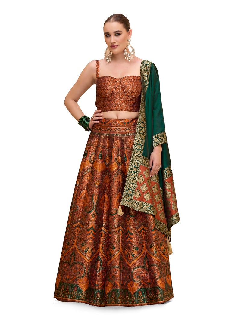PURVAJA Women's Kanjiwaram Semi-Stitched Lehenga choli (Lazya-Rust_Free Size) - Image 1