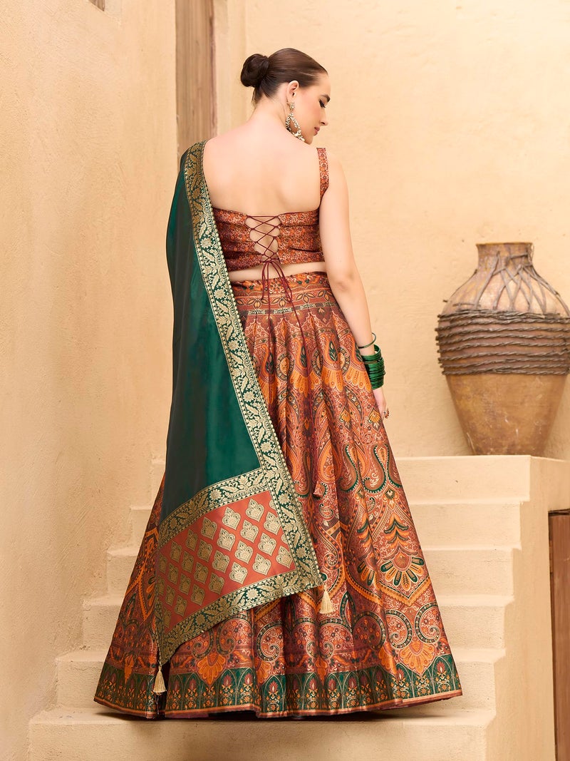 PURVAJA Women's Kanjiwaram Semi-Stitched Lehenga choli (Lazya-Rust_Free Size) - Image 3