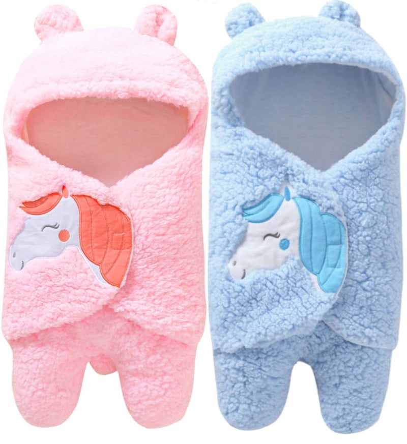 BRANDONN Newborn Baby Blanket Wrapper Premium Unicorn Design Pink, Blue, Combo of 2 - Image 1