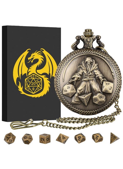 Mini Dnd Dice Set, Hand Held Dice Wizard Pocket Watch Shell Case, 7 Piece Polyhedral Metal D&D Dice Set, Dnd Gifts With Gift Box, Role Playing Board Game Accessories, Bronze