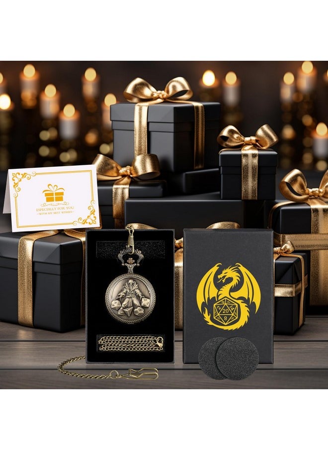 Mini Dnd Dice Set, Hand Held Dice Wizard Pocket Watch Shell Case, 7 Piece Polyhedral Metal D&D Dice Set, Dnd Gifts With Gift Box, Role Playing Board Game Accessories, Bronze