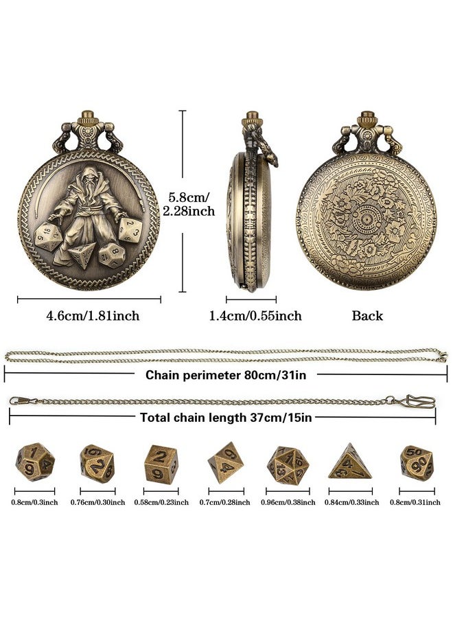 Mini Dnd Dice Set, Hand Held Dice Wizard Pocket Watch Shell Case, 7 Piece Polyhedral Metal D&D Dice Set, Dnd Gifts With Gift Box, Role Playing Board Game Accessories, Bronze