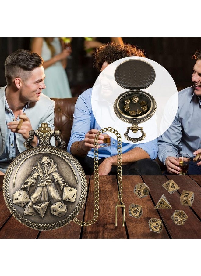 Mini Dnd Dice Set, Hand Held Dice Wizard Pocket Watch Shell Case, 7 Piece Polyhedral Metal D&D Dice Set, Dnd Gifts With Gift Box, Role Playing Board Game Accessories, Bronze