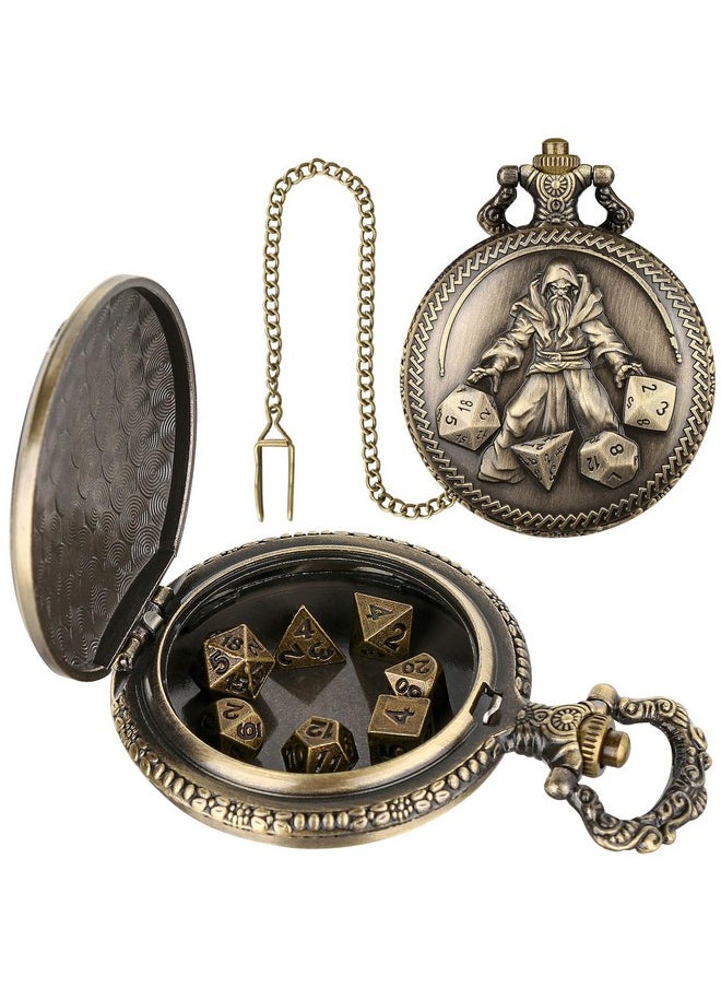 Mini Dnd Dice Set, Hand Held Dice Wizard Pocket Watch Shell Case, 7 Piece Polyhedral Metal D&D Dice Set, Dnd Gifts With Gift Box, Role Playing Board Game Accessories, Bronze