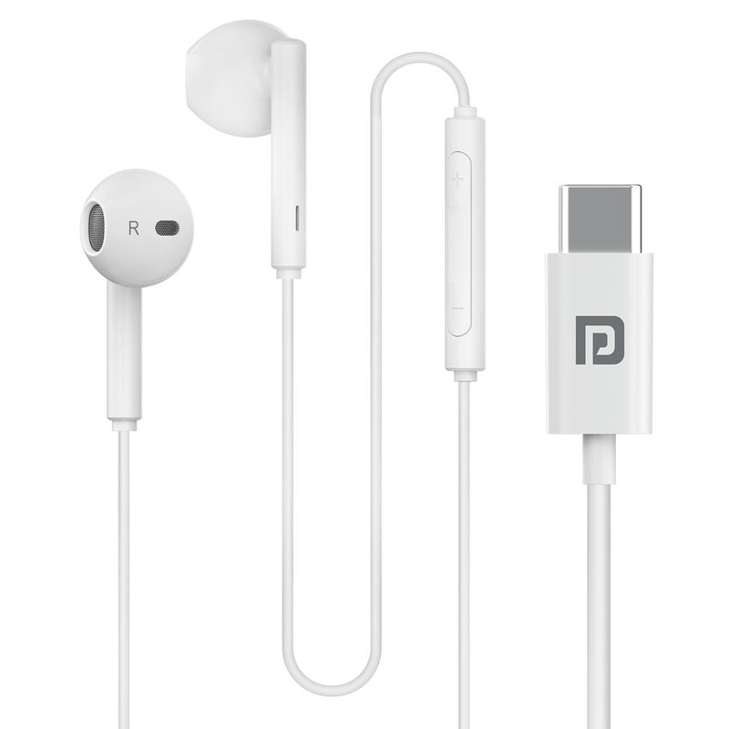 Portronics Conch Theta C in Ear Type C Wired Earphones with in Line HD Mic, Powerful Audio, 14.2mm Driver, Unique Earbuds Design, TPE Anti Tangle Wire, in line Controls, Wide Compatibility(White) - Image 1