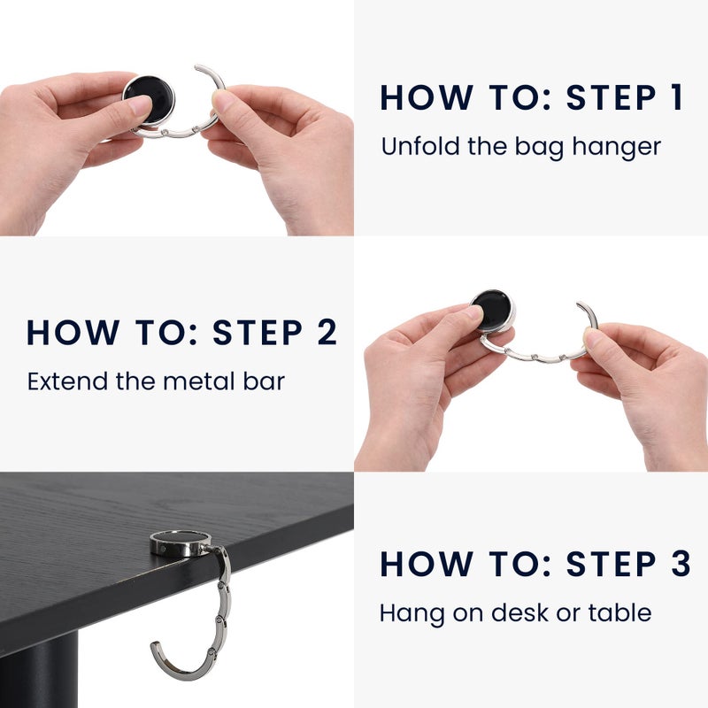 kwmobile Purse Hook for Table - Set of 2 Purse Holder - Folding Handbag Hanger - Portable Bag Holder - Bag Hooks for Desk - Table Hook Black - Image 3
