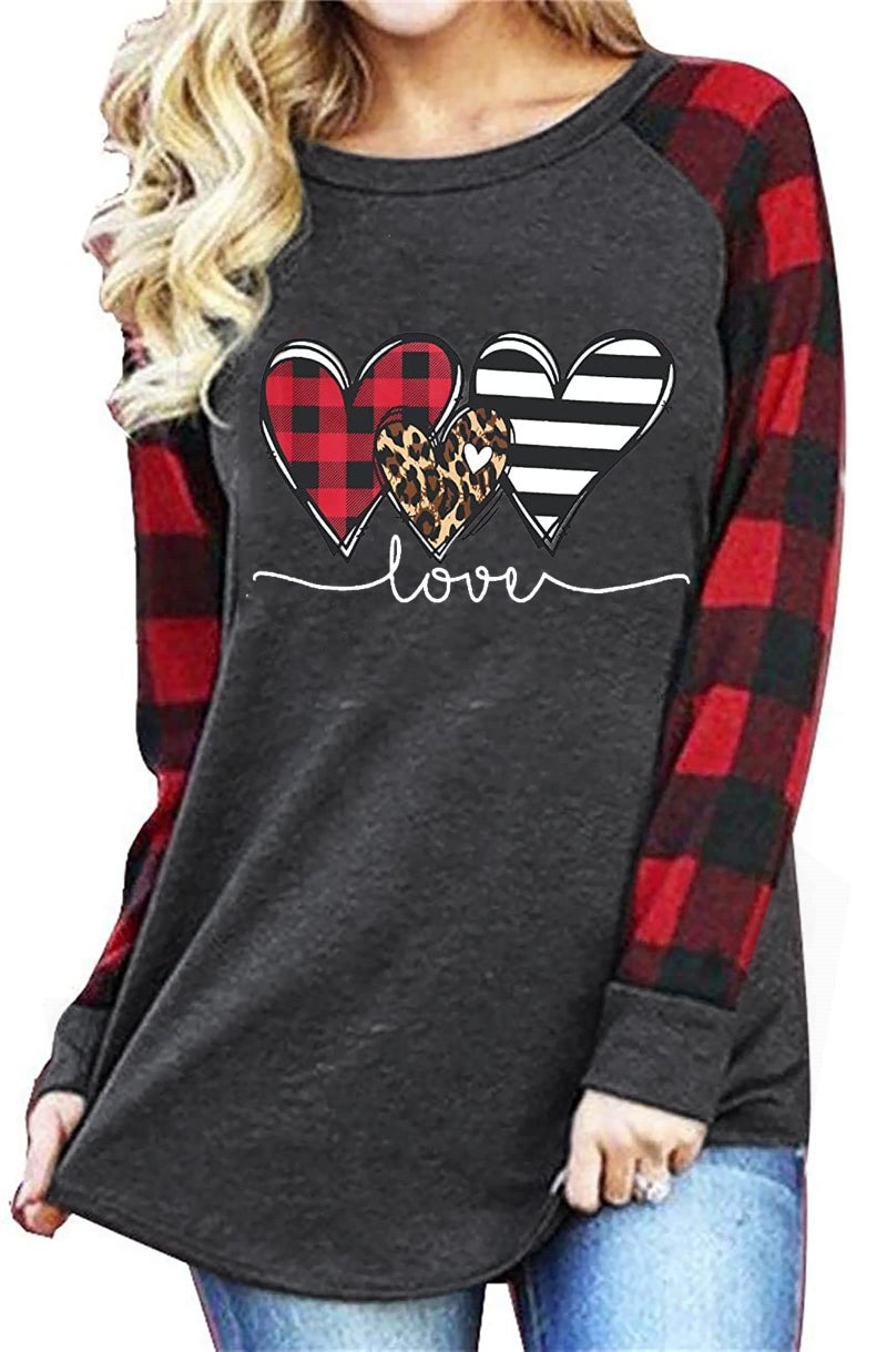 MHTOR Valentines Shirts Women Buffalo Plaid Love Heart Graphic Tees Letter Print Long Sleeve Tops Shirts(XX-Large,Grey-02) - Image 3