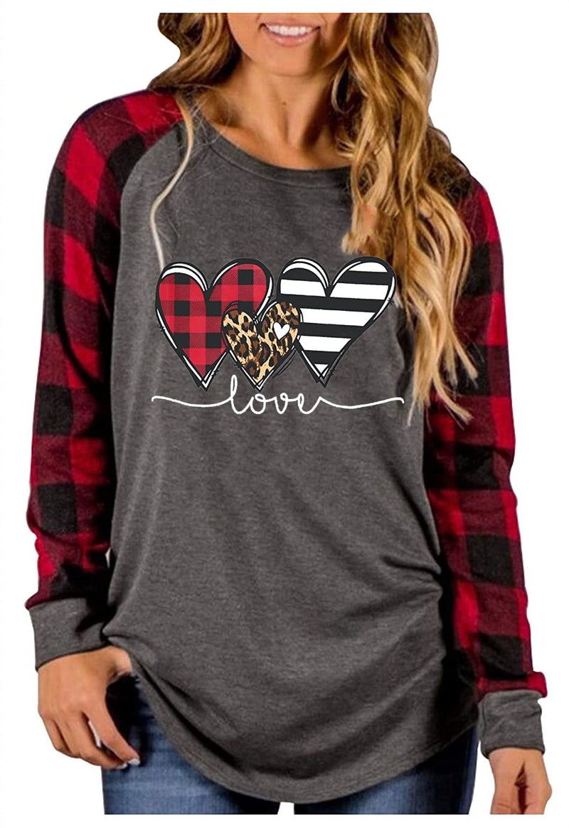MHTOR Valentines Shirts Women Buffalo Plaid Love Heart Graphic Tees Letter Print Long Sleeve Tops Shirts(XX-Large,Grey-02) - Image 1