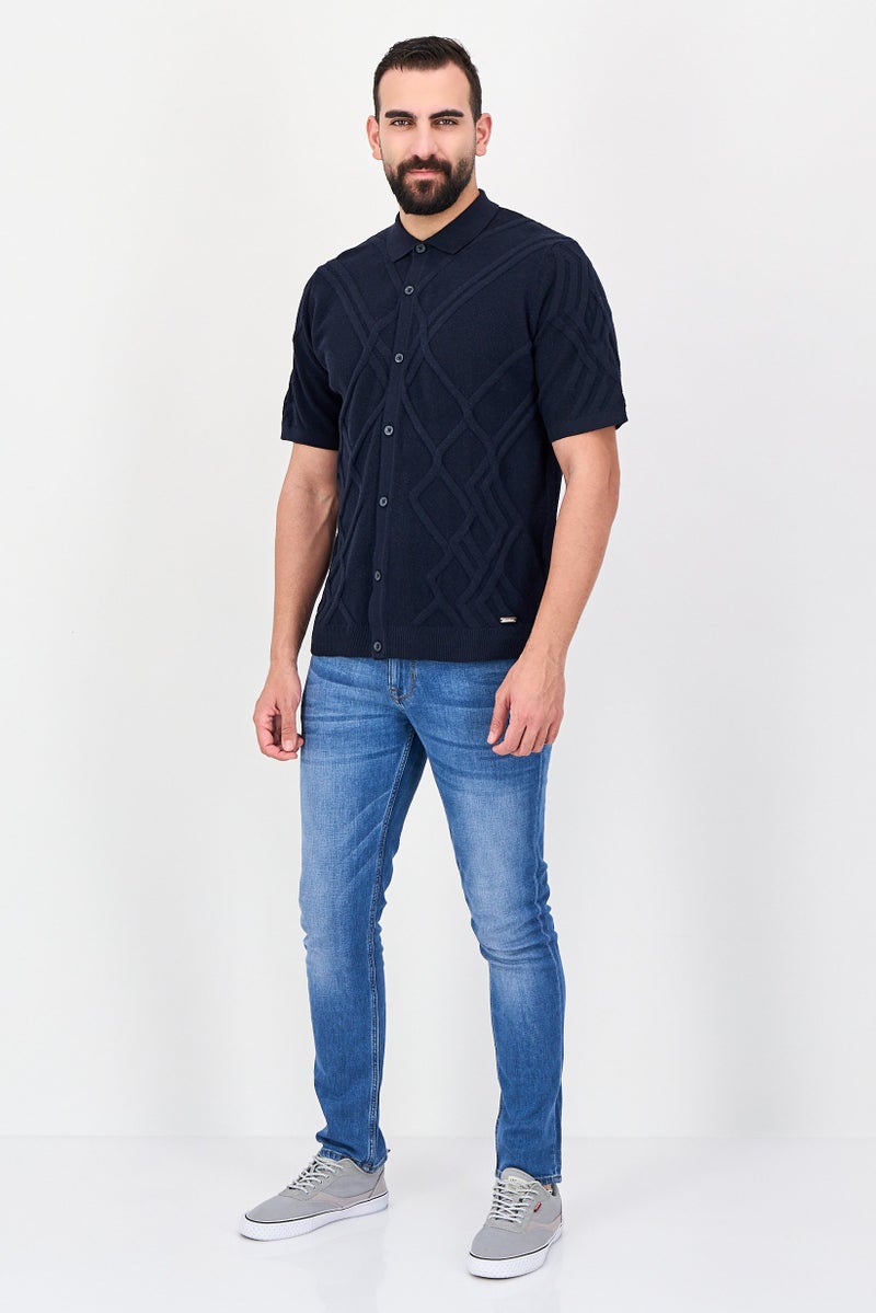 Threadbare Men Regular Fit Short Sleeve Knitted Shirt, Navy - Image 4