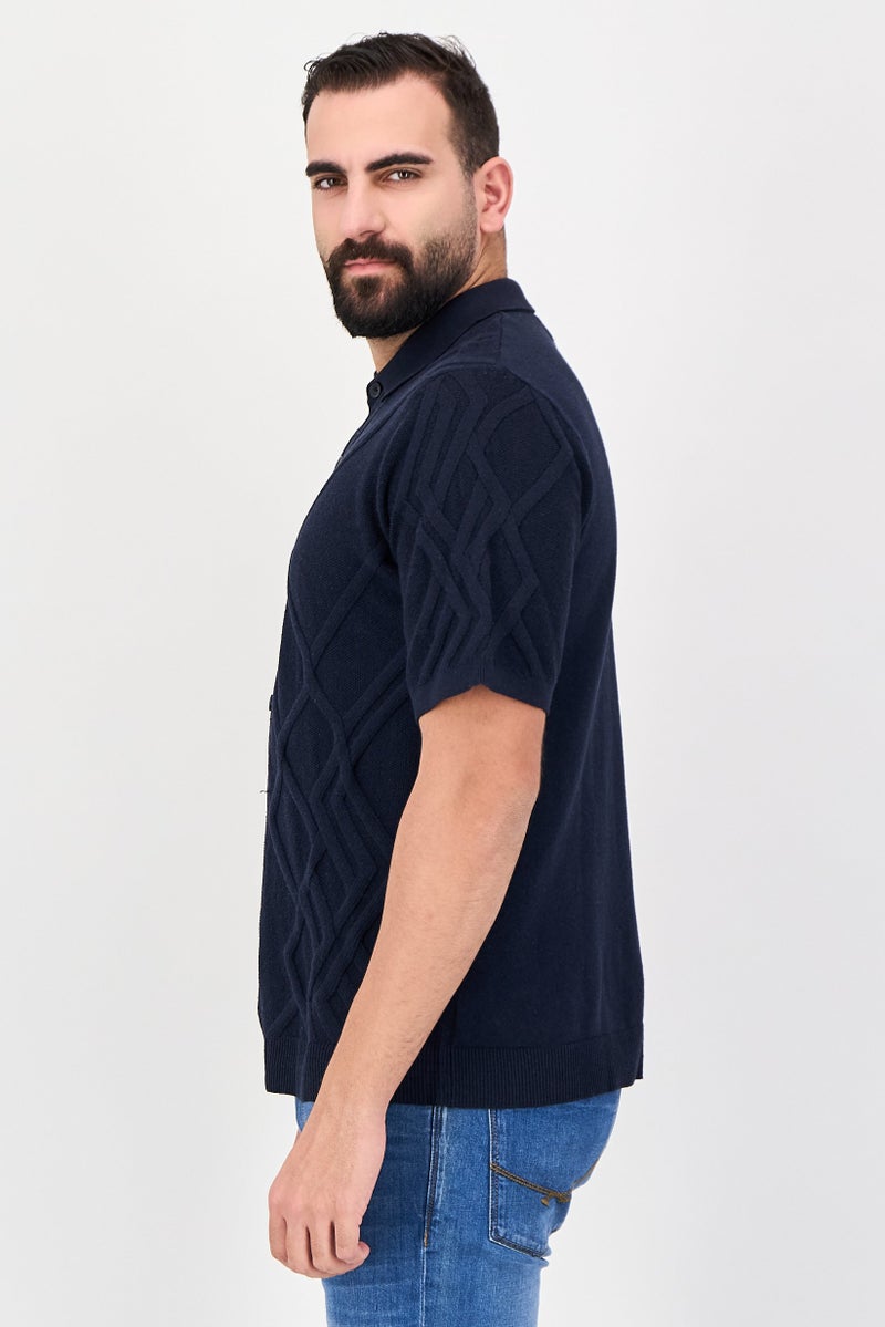 Threadbare Men Regular Fit Short Sleeve Knitted Shirt, Navy - Image 3