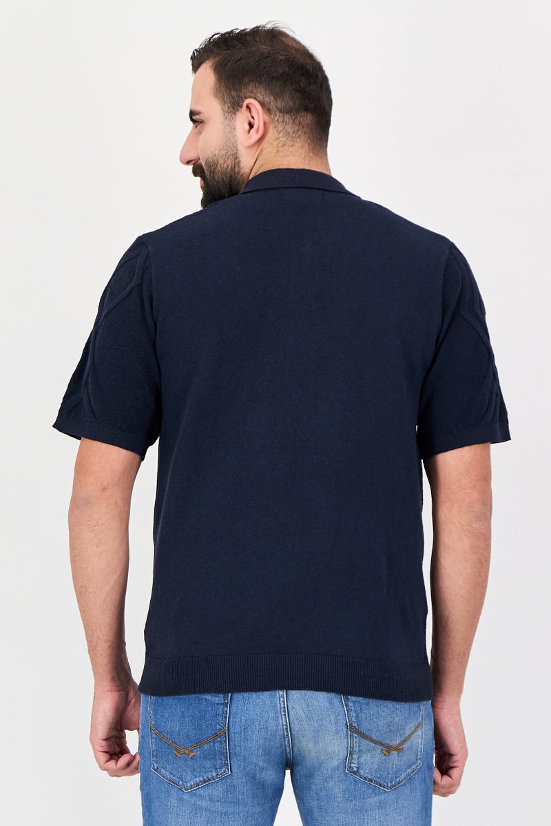 Threadbare Men Regular Fit Short Sleeve Knitted Shirt, Navy - Image 2