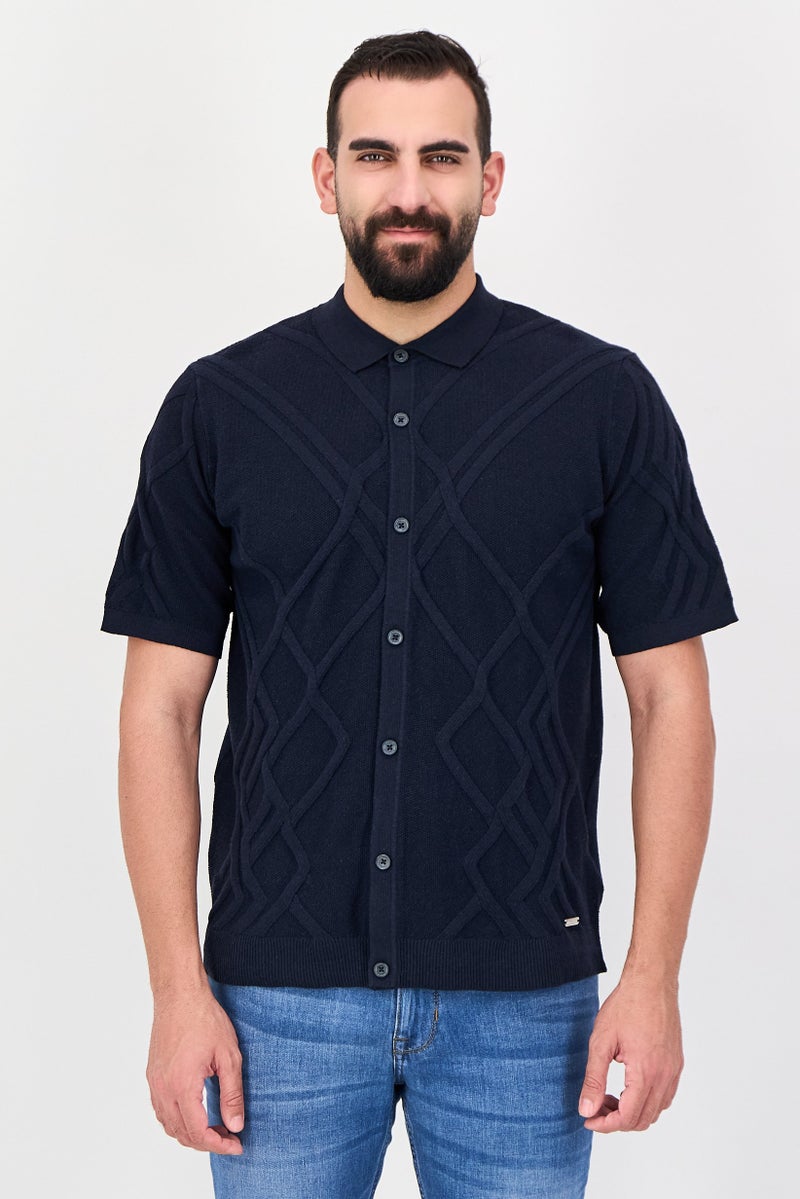 Threadbare Men Regular Fit Short Sleeve Knitted Shirt, Navy - Image 1