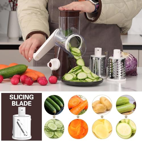 Cambom Rotary Cheese Grater Hand Crank Cheese Shredder for Fresh Cheese, Vegetable, Nuts,Non-slip Suction Base, Free Cleaning Brush Three Blades, Coffe Color - Image 3
