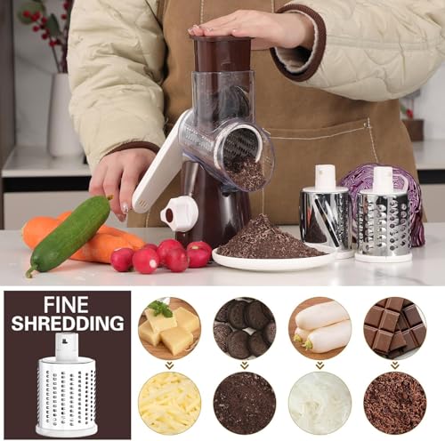 Cambom Rotary Cheese Grater Hand Crank Cheese Shredder for Fresh Cheese, Vegetable, Nuts,Non-slip Suction Base, Free Cleaning Brush Three Blades, Coffe Color - Image 4