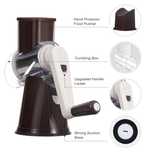 Cambom Rotary Cheese Grater Hand Crank Cheese Shredder for Fresh Cheese, Vegetable, Nuts,Non-slip Suction Base, Free Cleaning Brush Three Blades, Coffe Color - Image 5