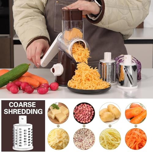 Cambom Rotary Cheese Grater Hand Crank Cheese Shredder for Fresh Cheese, Vegetable, Nuts,Non-slip Suction Base, Free Cleaning Brush Three Blades, Coffe Color - Image 2