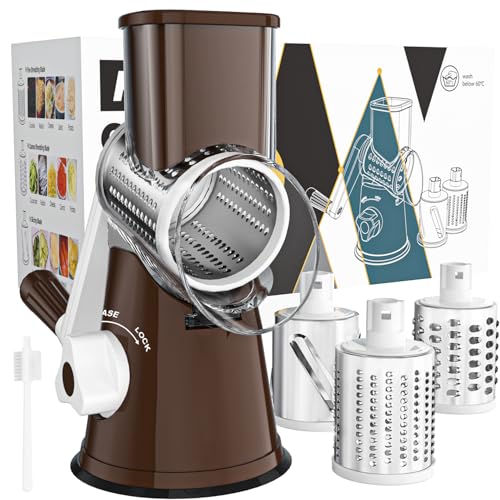 Cambom Rotary Cheese Grater Hand Crank Cheese Shredder for Fresh Cheese, Vegetable, Nuts,Non-slip Suction Base, Free Cleaning Brush Three Blades, Coffe Color - Image 1