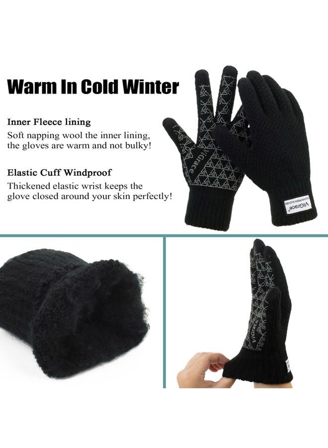 ViGrace Winter Warm Touchscreen Gloves for Men and Women Touch Screen Fleece Lined Knit Anti-Slip Wool Glove (Black, X-Large) - Image 4