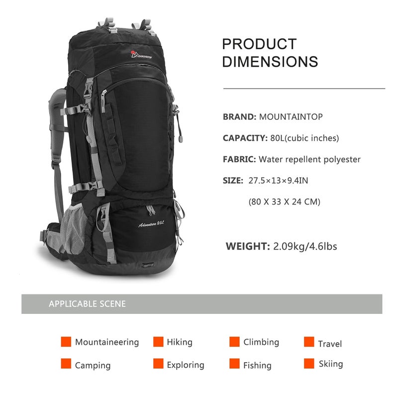 MOUNTAINTOP Hiking Backpack 80L Waterproof Mountaineering Backpack Large Camping Trekking Rucksack Multifunctional climbing with Rain Cover - Image 2