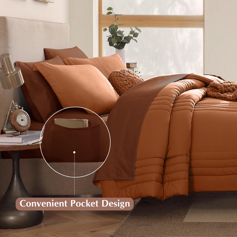 Monbix King Size Comforter Set - 7 Pieces Bed in a Bag King, Burnt Orange Bedding Sets with Comforter, All Seasons Comforter Bed Set with Sheets, Pillowcases & Shams - Image 5