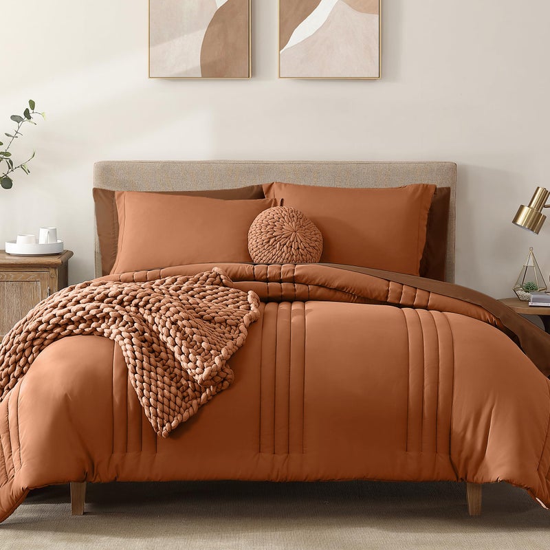 Monbix King Size Comforter Set - 7 Pieces Bed in a Bag King, Burnt Orange Bedding Sets with Comforter, All Seasons Comforter Bed Set with Sheets, Pillowcases & Shams - Image 1