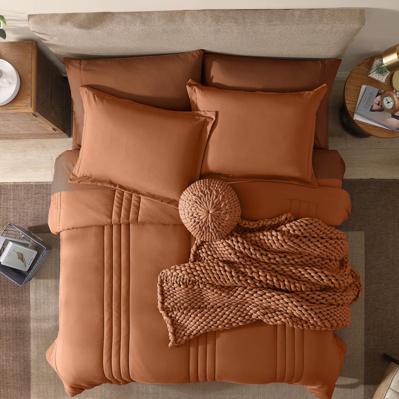 Monbix King Size Comforter Set - 7 Pieces Bed in a Bag King, Burnt Orange Bedding Sets with Comforter, All Seasons Comforter Bed Set with Sheets, Pillowcases & Shams - Image 2