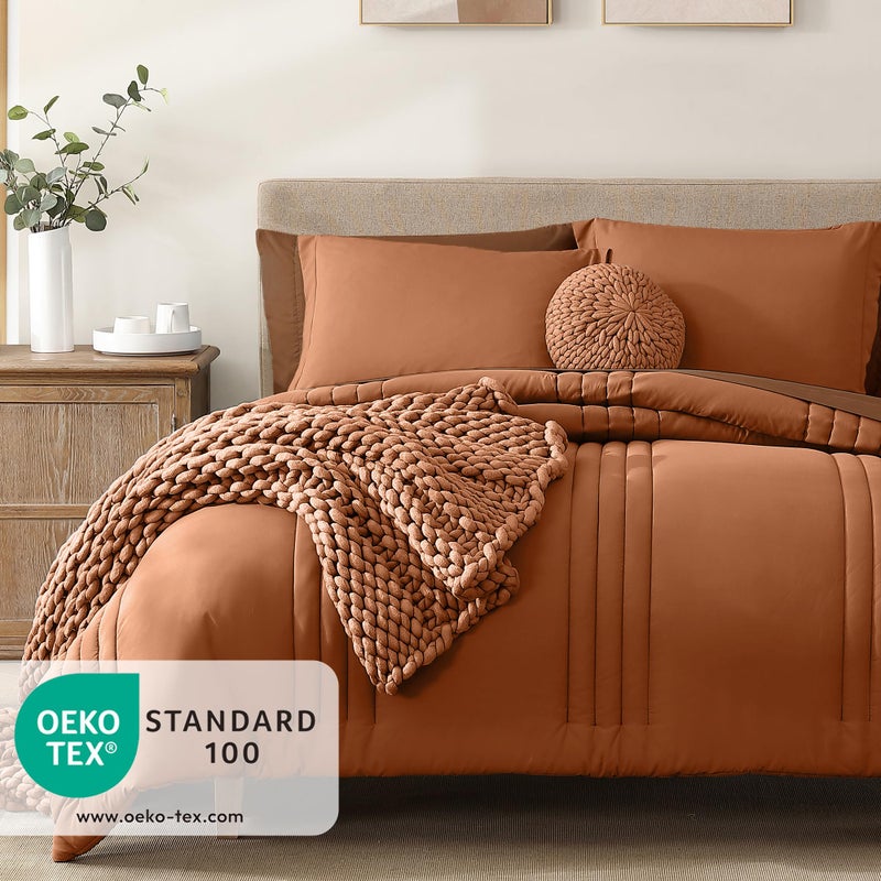 Monbix King Size Comforter Set - 7 Pieces Bed in a Bag King, Burnt Orange Bedding Sets with Comforter, All Seasons Comforter Bed Set with Sheets, Pillowcases & Shams - Image 3