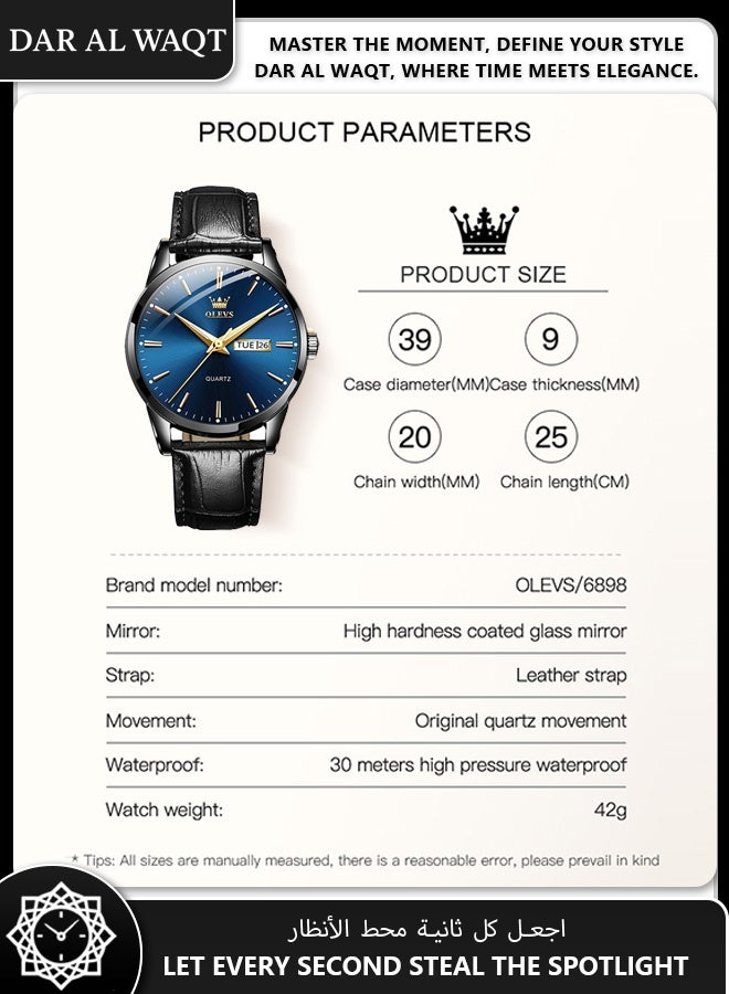 أوليفز ساعة رجالية أنيقة من OLEVS – علبة سوداء، قرص أزرق، حزام جلد أسود، مقاومة للماء - Image 5