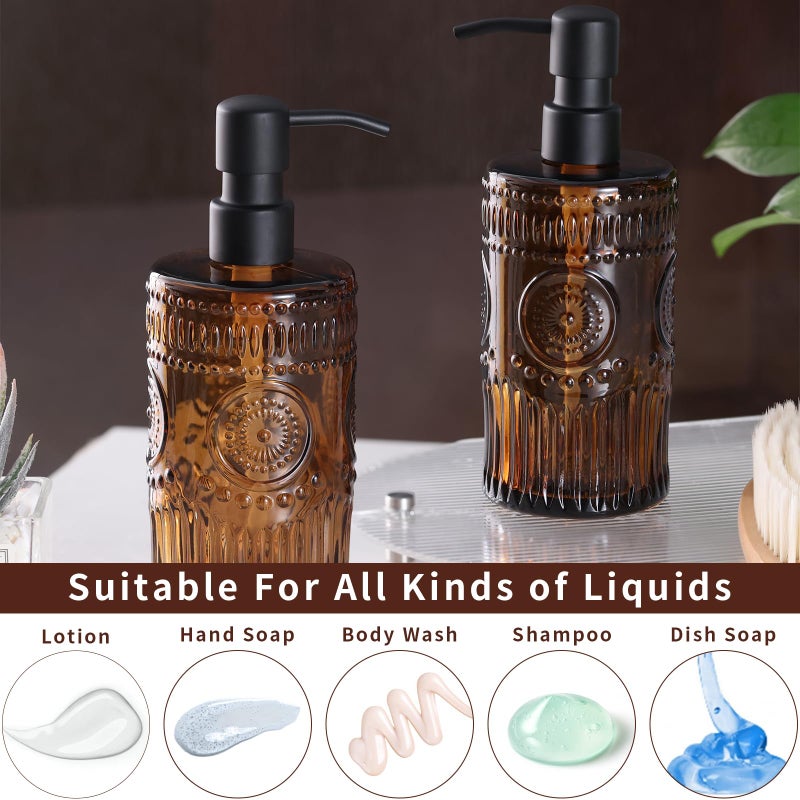 simeitol 17 OZ Sunflower Embossed Glass Soap Dispenser - 2 Pack, with 304 Rust Proof Stainless Steel Pump, Glass Soap and Lotion Dispenser Set, Liquid Hand Soap Dispenser for Home, Kitchen & Bathroom (Amber) - Image 3